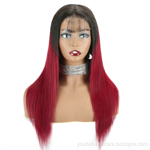 Factory Price Brazilian Virgin Human Hair Red Wine Ombre Color 1b/burgundy 4x4 Transparent HD Lace Closure Wigs for Black Women